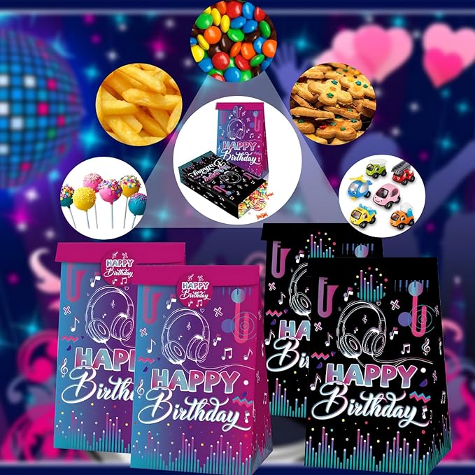 Happy Birthday Party Favors Gift Bags Candy Goodie Bag Black-Purple Decorations Treat Bag 2 Styles Popular Singer Music Paper Rack N Roll Wedding Bridal Baby Shower Decor(12 Pcs)