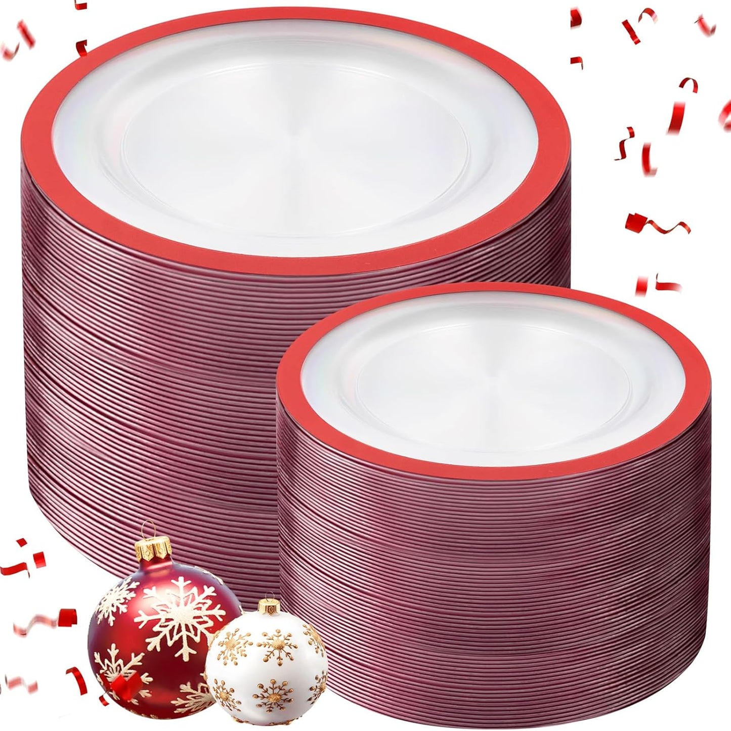 U-QE 200PCS Red Plastic Plates - Clear Red Plastic Plates Disposable Heavy Duty - Include 100 10" Dinner and 100 7" Dessert Platos for Party