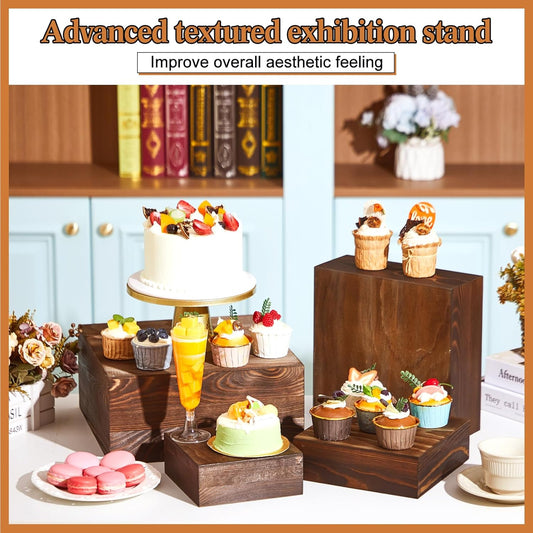 Roowest Set of 4 Large Wood Display Risers Size 11.8",10",7.8",6.3",Rustic Cupcake Stand Wood Cake Stands Wooden Display Risers for Table Dessert Wedding(Black Brown)