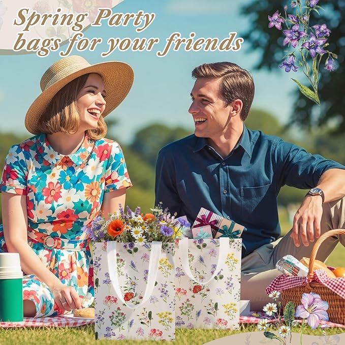 Supervitae 24 Pack Vintage Floral Theme Gift Bags Medium Wildflower Party Favor Flower Totes Reusable Non Woven Goodie Bags for Wedding Birthday Baby Shower Family Holiday Travel(9.8 x 7.9 x 3.9)