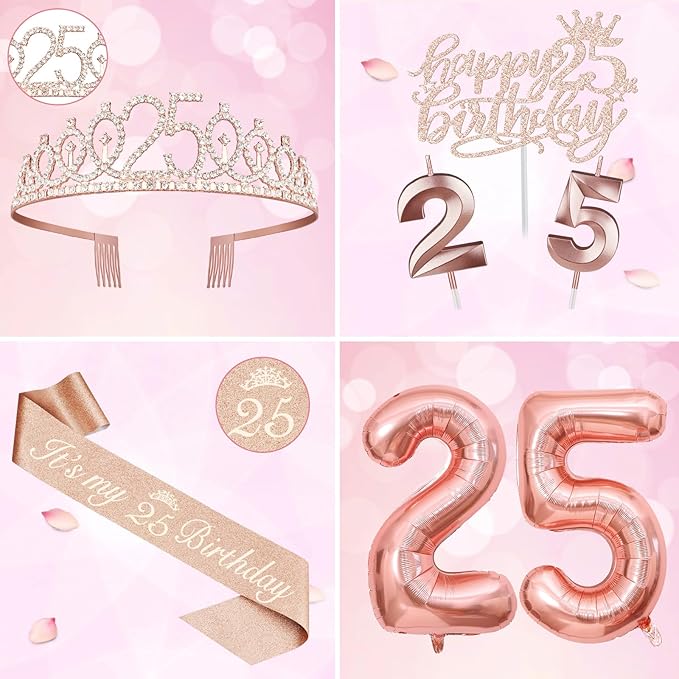 25th Birthday Decorations for Women Include 25th Birthday Sash and Tiara, Cake Topper and Candles, Number Balloons, Greeting Card, 25 Year Old Gifts for Women