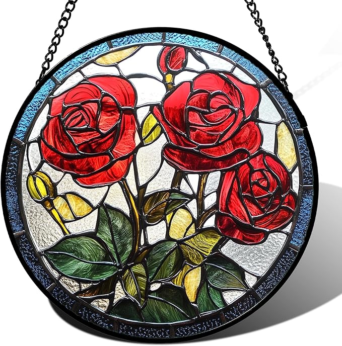 Stained Glass Window Hanging Red Rose Flower 7.8" - Suncatcher Door Garden Sun Catcher Decor Birthday Anniversary Valentines Day Gifts for Woman Wife Men Her Him Lovers Girlfriend