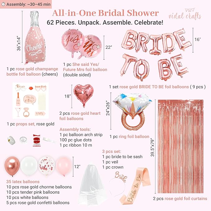 VIDAL CRAFTS Rose Gold Bridal Shower Decorations, 62-Piece Pink Bachelorette Party Decorations with Bride to Be Banner, Confetti Balloons, Bride Sash, Veil, Fringe Curtain & Photo Props