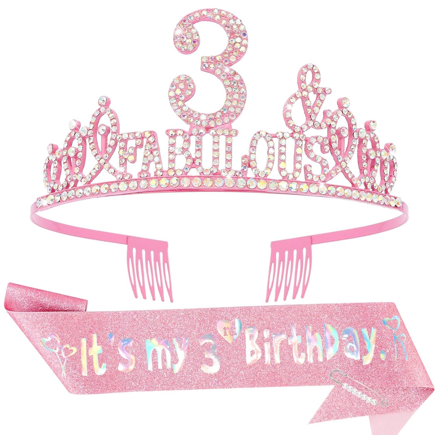 3rd Birthday Decorations for Girls Set - Happy 3rd Birthday Princess Crown and Glitter Sash, 3 Year Old Girl Tiara Party Decorations Supplies Outfit Accessory Gifts
