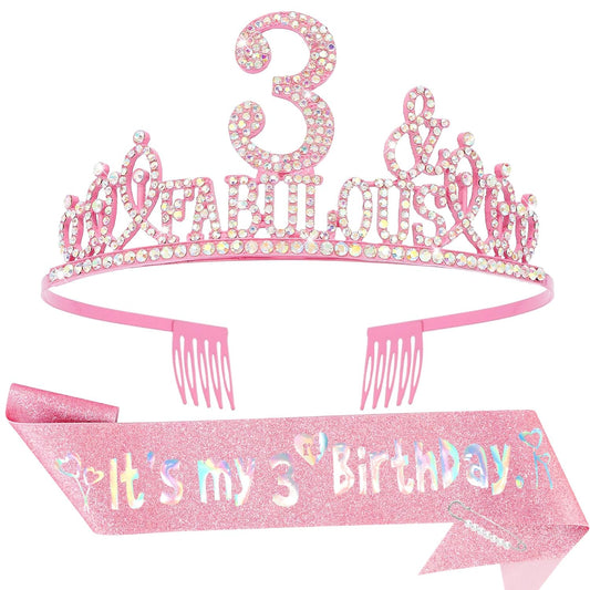 3rd Birthday Decorations for Girls Set - Happy 3rd Birthday Princess Crown and Glitter Sash, 3 Year Old Girl Tiara Party Decorations Supplies Outfit Accessory Gifts