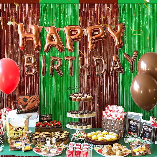 4 Packs Football Foil Fringe Curtain, Brown Green Glitter Metallic Tinsel Backdrop for Birthday, Baby Shower, Super Bowl, Football Game Day Party Decorations Supplies