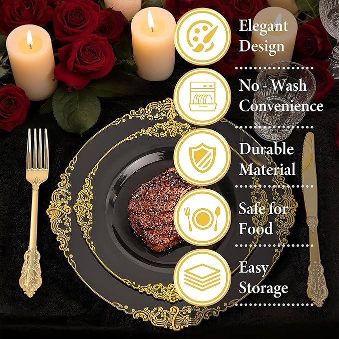Nervure 100PCS Black and Gold Plastic Plates - 10.25Inch Black Disposable Plates - Black Plastic Dinner Plates for Wedding & Party