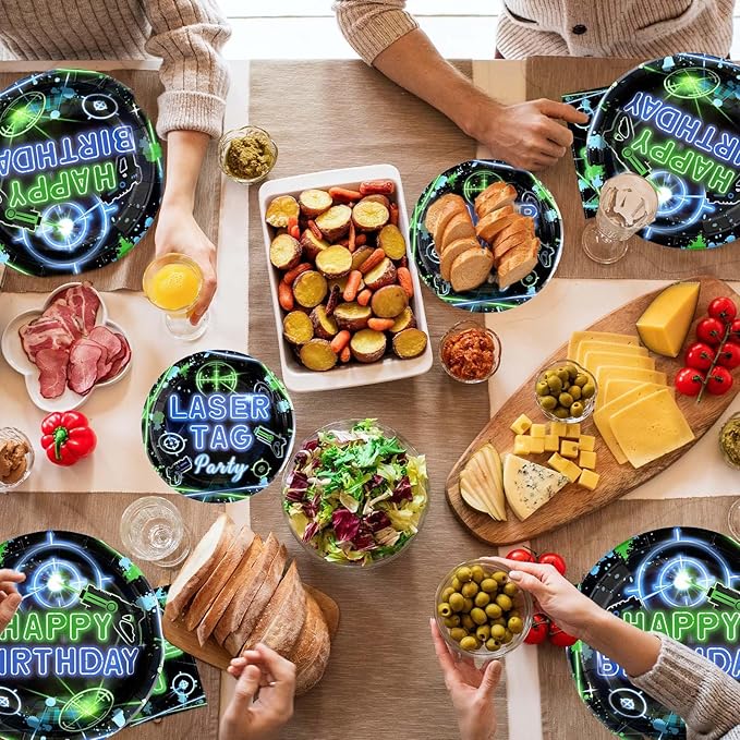 96PCS Laser Tag Birthday Party Decorations Laser Tag Party Plates Disposable Green Blue Laser Party Tableware Set for Kids Boys Girls Neon Glow Laser Tag Game Birthday Decorations, Serves 2