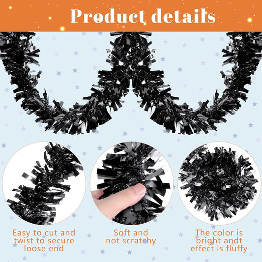 Sosation 100 ft Christmas Tinsel Garland Christmas Tree Twist Garland Bulk Glitter Metallic Streamer Indoor Outdoor Hanging Xmas Decorations(Black)