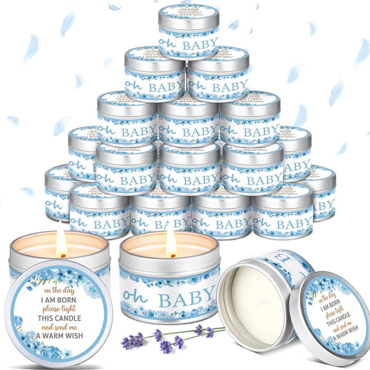 MTLEE 24 Pcs Flowers Baby Shower Party Favors Candles Lavender Scented Baby Shower Favors for Guests Rustic Tealights Candles Gender Reveal Return Gifts Girl Boy(1.2 Oz, Blue)