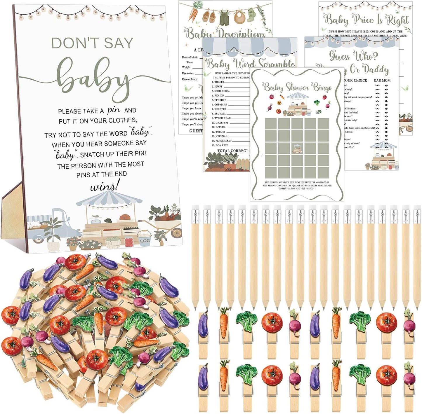 Patelai 321 Pcs Baby Shower Games Supplies, 5 Sets (50 Cards Each) Activities Cards with 20 Pencils 1 Don't Say Baby Sign 50 Clothespin (Locally Grown)