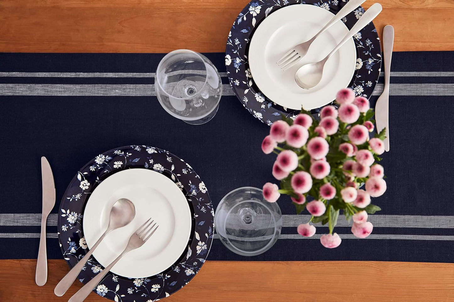 Solino Home Linen Table Runner 90 Inches Long - French Stripe, 100% Pure Linen White and Navy Farmhouse Table Runner 14 x 90 Inch Ideal for Dining, Christmas, Holiday