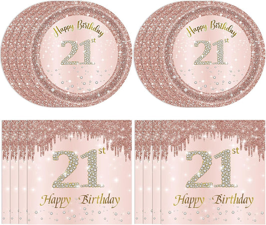 21st Birthday Decorations for Girls Her Rose Gold Party Supplies Include 20Pcs Plates 20Pcs Napkins Rose Gold Sweet 21 Birthday Party Tableware for 20 Guests