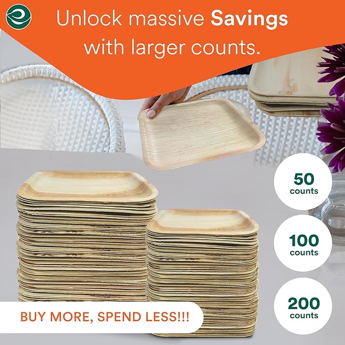 ECO SOUL 7&10 Inch Disposable Palm Leaf Bundle Plates [200 Pack] Premium Food-Safe Heavy Duty Compostable Bamboo Paper Plates for Lunch, Dinner, Weddings, Party, Camping & Catering Events [Square]