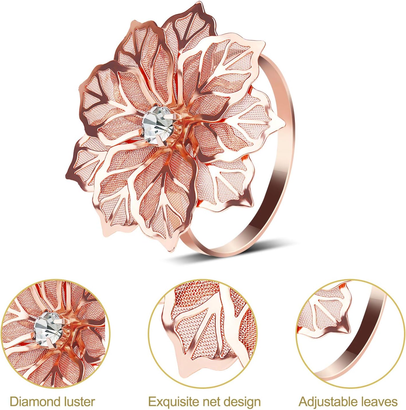 KPOSIYA Flower Napkin Rings Holder Metal Rose Gold Napkin Rings Set of 6 for Wedding Party Holiday Banquet Christmas Dinner Delicate Serviette Buckles Decor Favor (6, Rose Gold)