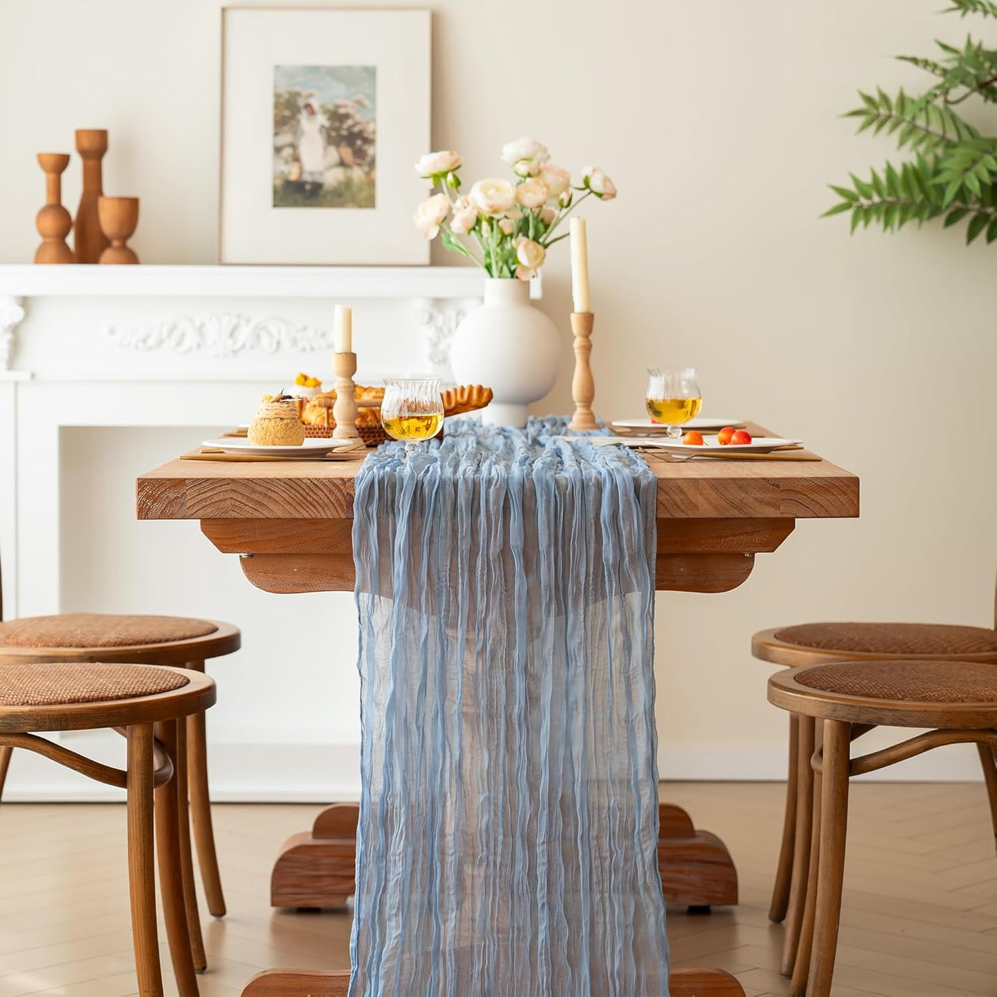 FEXIA 4 Pack Dusty Blue Table Runner 35x120 Inches for Baby Shower Decoration Gauze Rustic Table Runner for Wedding Party First Communion Centerpiece Engagement Bridal Shower Boho Decoration