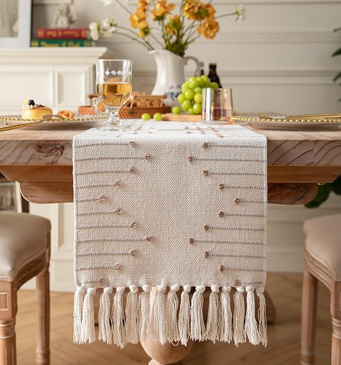 Boho Table Runner 13 x 90 Inch Long Natural Cotton Woven Runner with Tassels for Home Dining Table décor, for Modern Farmhouse Decor Coffee Table Runner, Taupe and Beige