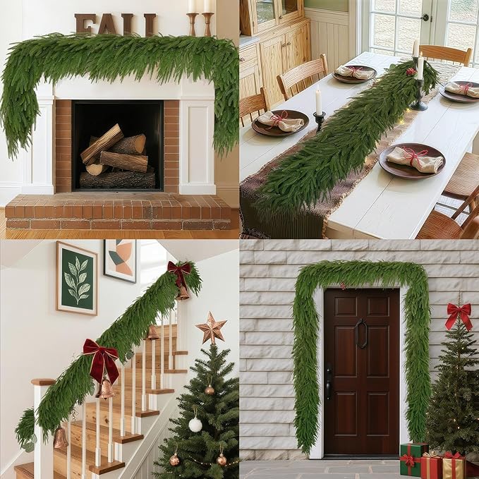 4 Pcs 9FT Christmas Garland, Christmas Decorations, Artificial Norfolk Pine Garland, Faux Greenery Garland for Mantle Fireplace Table Door Wall Upstairs Indoor Outdoor Holiday Xmas Decor