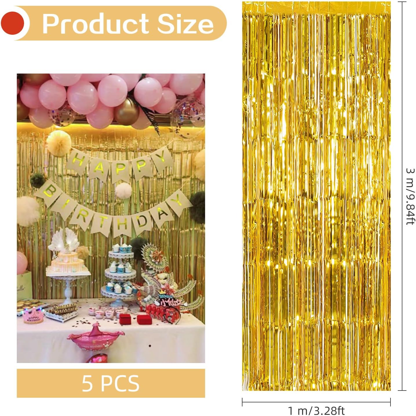 5 Pack Gold Foil Curtain Backdrop 3.2ft x 9.8ft Metallic Tinsel Foil Fringe Curtains Streamer Photo Booth Backdrop for Birthday Party Engagement Bachelorette Party Decorations (Gold)