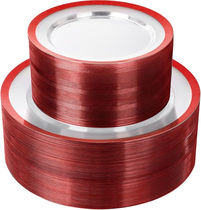 supernal 120pcs Clear and Red Plastic Plates Disposable Heavy Duty Fancy Unique Red Disposable Dinnerware Include Dinner and Dessert Size Perfect for Valentine's Day Party and Wedding