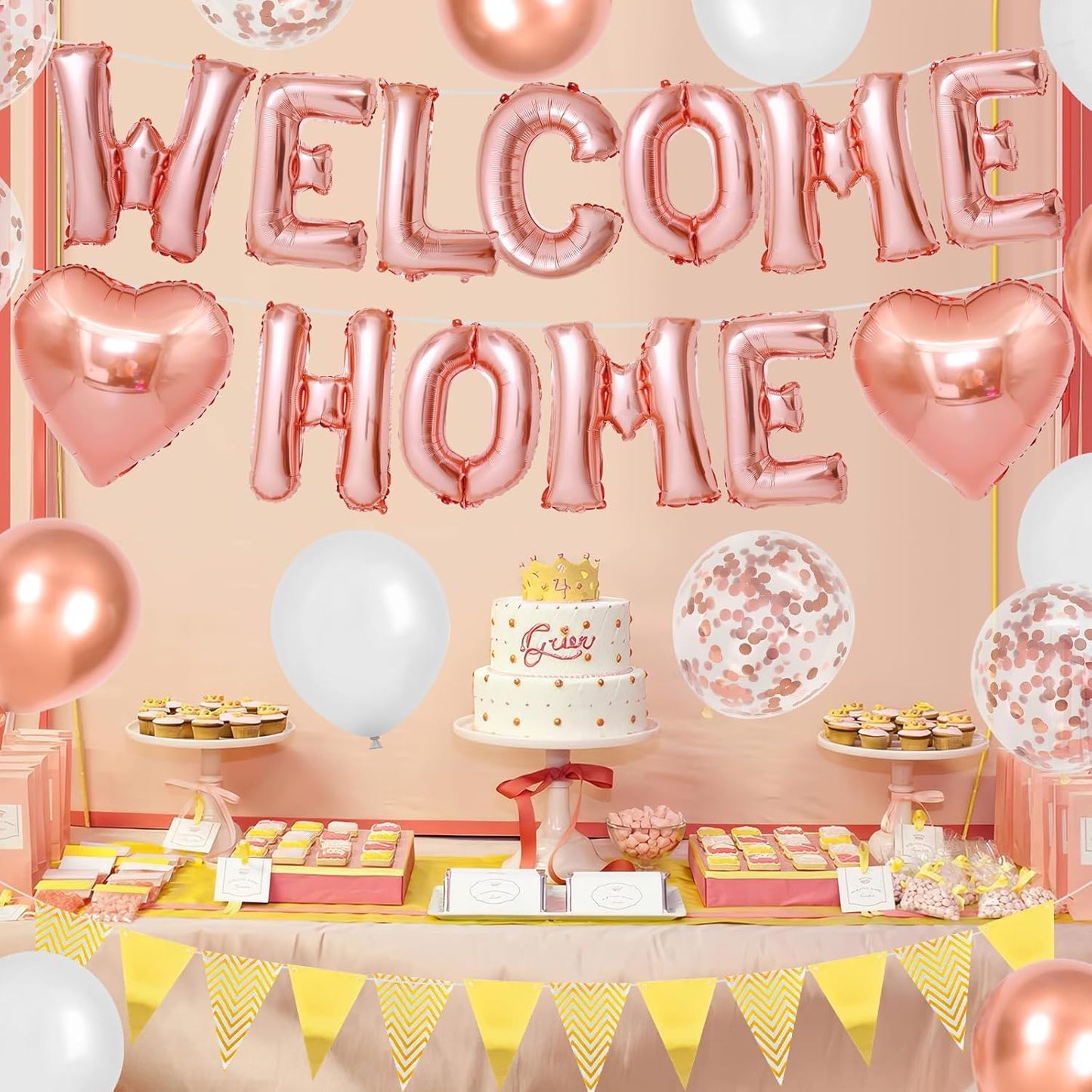 Welcome Home Decorations Rose Gold,Welcome Home Foil Balloon Banner with Rosegold Heart Balloons Pennant Flag Bunting for Housewarming Baby Shower Home Family Party Supplies