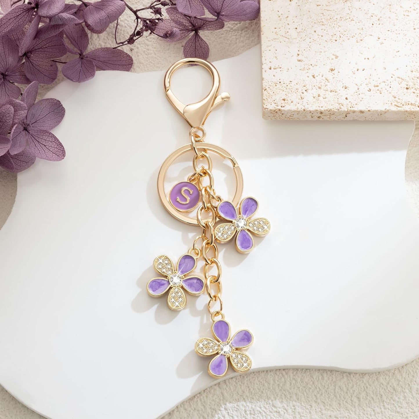 XGALBLA Cute Flower Crystals Rhinestone Initial Letter Keychain for Women, Bag Charms Bling Sparkly Enameled Keychain Handbag