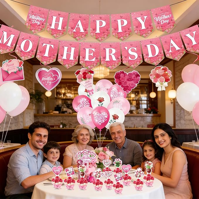 Happy Mother’s Day Party Decorations, Mom Pink Party Supplies Kit with Backdrop, Banner, Cake Topper, Cupcake Picks, Balloons & Hanging Swirls for Mother’s Day Celebration