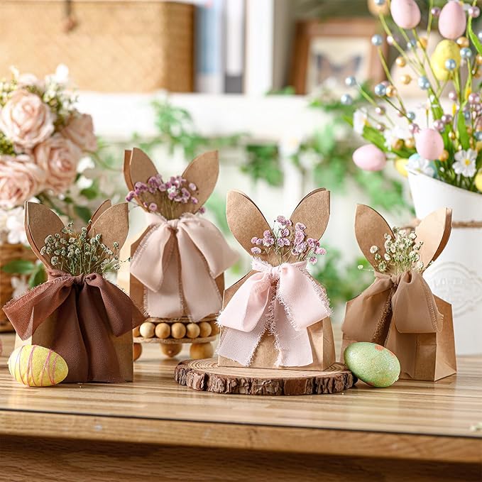 Affrolling 24 Set Boho Bow Easter Bunny Party Favor Bags DIY Bunny Gift Boxes with Neutral Bow Ribbon and Dried Flowers Rustic Paper Rabbit Ears Treat Bags Bulk for Easter Spring (Brown)