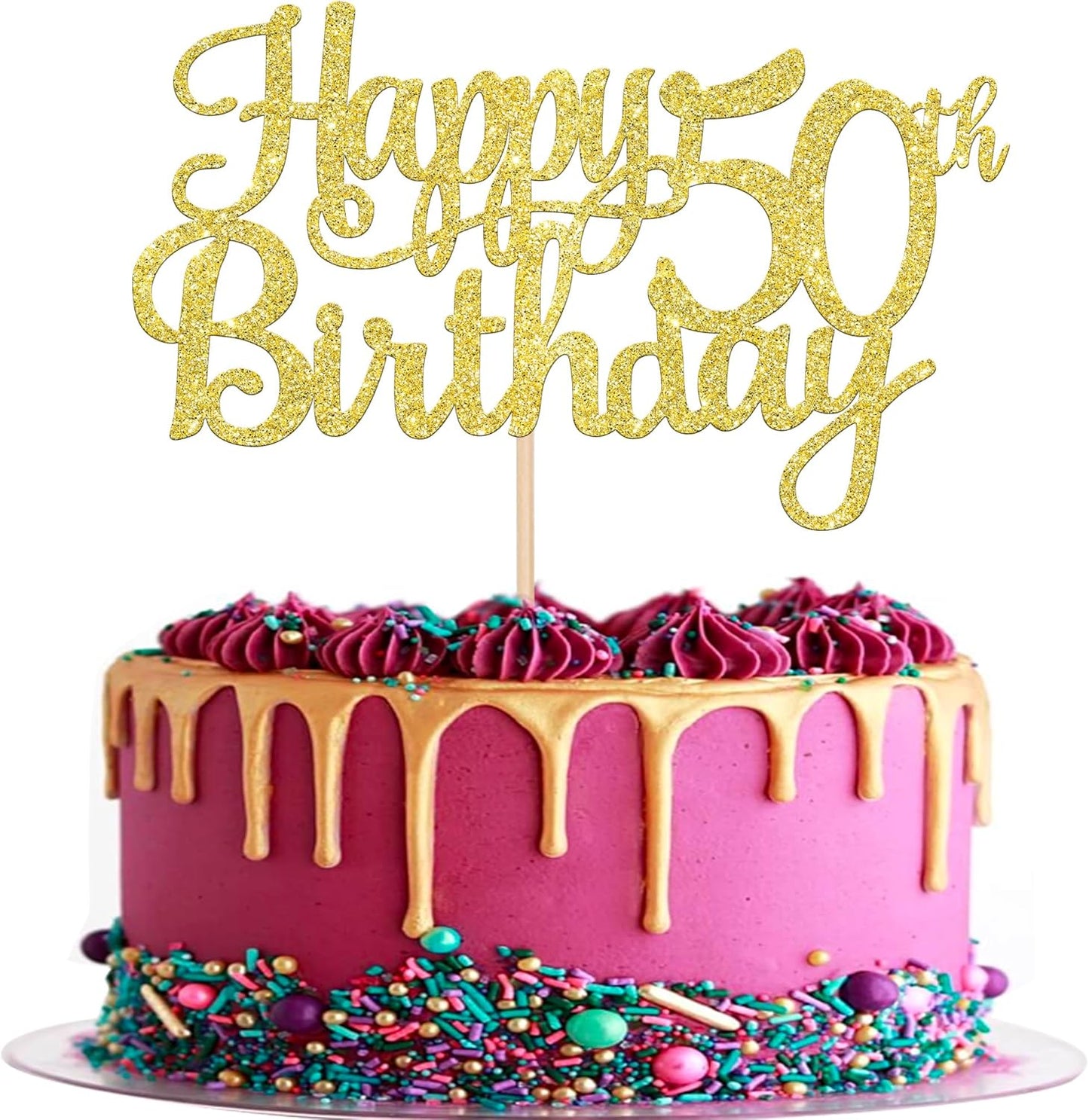 1 PCS Happy 50th Birthday Cake Topper Gold Glitter Cheers to 50 Years Birthday Cake Pick 50 Fabulous Cake Decoration for Happy 50th Birthday Anniversary Party Decorations Supplies