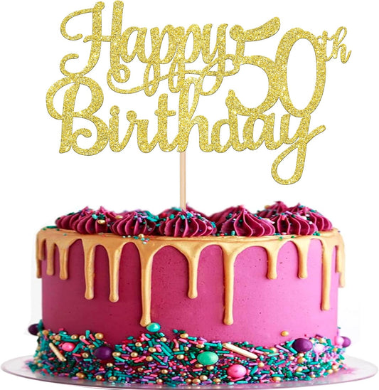 1 PCS Happy 50th Birthday Cake Topper Gold Glitter Cheers to 50 Years Birthday Cake Pick 50 Fabulous Cake Decoration for Happy 50th Birthday Anniversary Party Decorations Supplies
