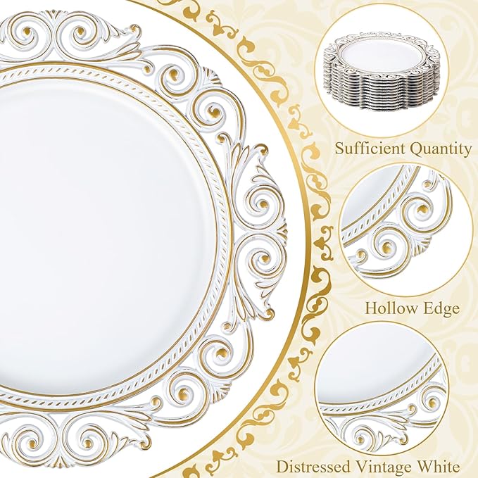 12 Pcs Antique White Charger Plates Bulk 13 Inch Embossed Rim Plastic Round Decorative Plates Charger for Dinner Wedding Party Event Table Setting Decoration (Hollowed out Wave)