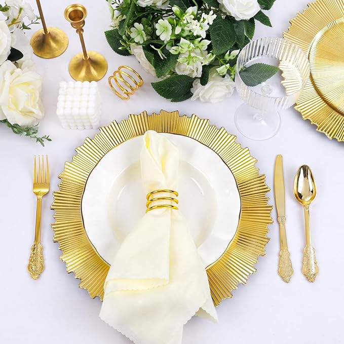 EI 20pcs Gold Charger Plates Bulk 13inch Plastic Chargers for Dinner Plate Disposable Golden Flash Reef Charger Plates Table Chargers for Family Party Wedding Birthday Afternoon Tea Decoration