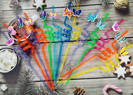 24 packs Bulk Butterfly Reusable Plastic Straws For Kids Birthday Party Favors,Summer Butterfly Crazy Drink Straws For Classroom Christmas Day