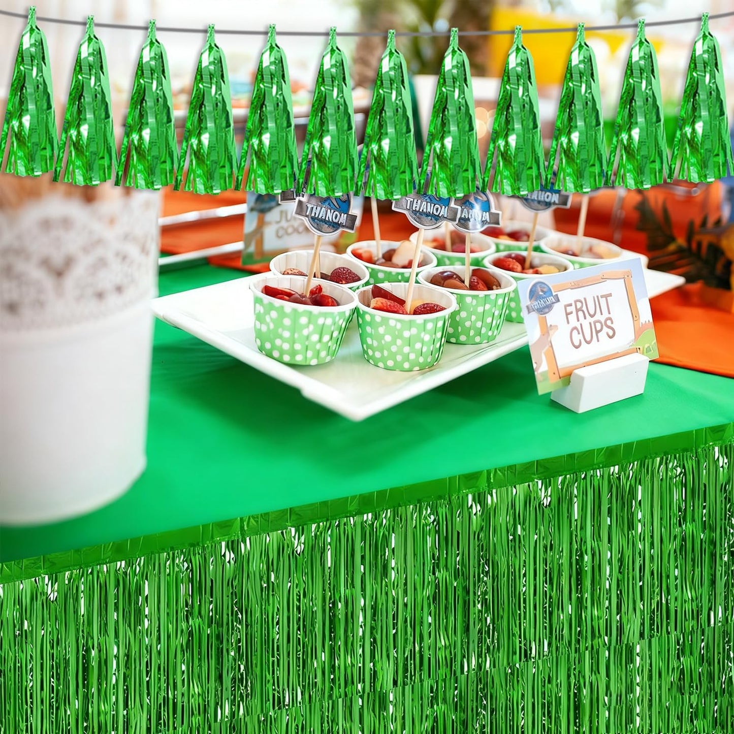 3P Green Tassel Banner Garland Metallic Foil Fringe Banner Tinsel Tassels Streamer Banner Backdrop for Parade Floats, 2025 Graduation Decorations, Father's Day Party Decoration