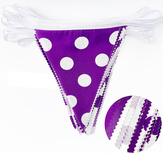 32Ft Purple Party Decorations Purple White Fabric Polka Dot Triangle Banner Pennant Flag Garland Streamers for Birthday Wedding Baby Shower Picnic BBQ Outdoor Lavender Mermaid Party Decor Supplies
