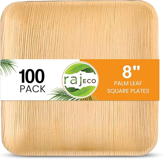 Raj Unique Collection Raj Eco Compostable Palm Leaf Plates Like Bamboo Plate Disposable - 8 Inch Square 100 Party Plates, Natural Wooden, Eco-Friendly, Disposable Dessert Appetizer Plate
