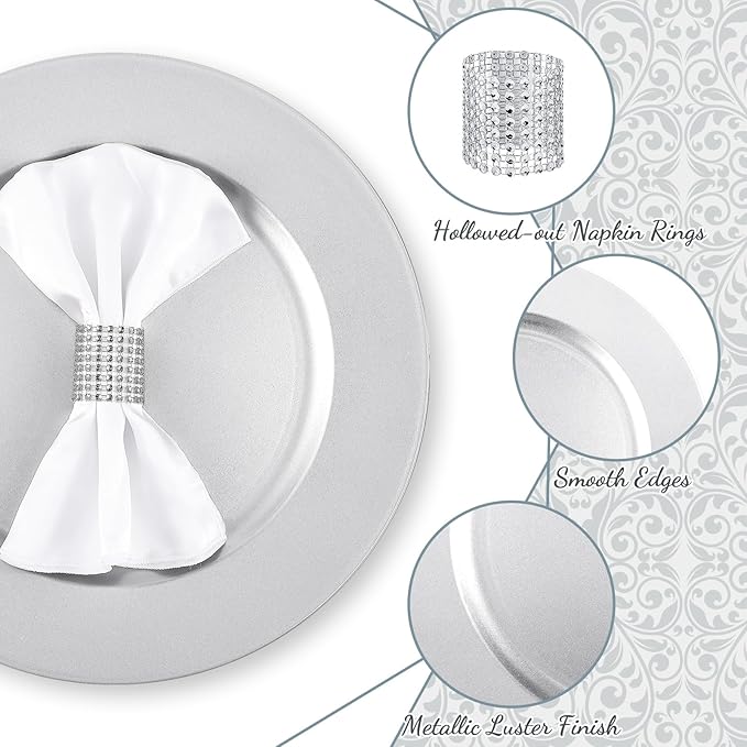 Tanlade 100 Pcs Charger Plates Set Bulk Include 50 Plastic Plate Chargers and 50 Napkin Rings 13" Round for Dinner Table Setting Wedding Baby Shower Decoration(Silver)