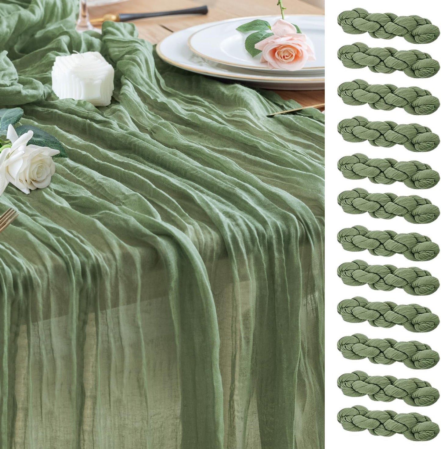 Wokceer Cheesecloth Table Runner 12Pack 10FT Sage Green Christmas Gauze Cheese Cloth Table Runner for Party Rustic Sheer Table Runners for Baby Bridal Shower Wedding Easter Table