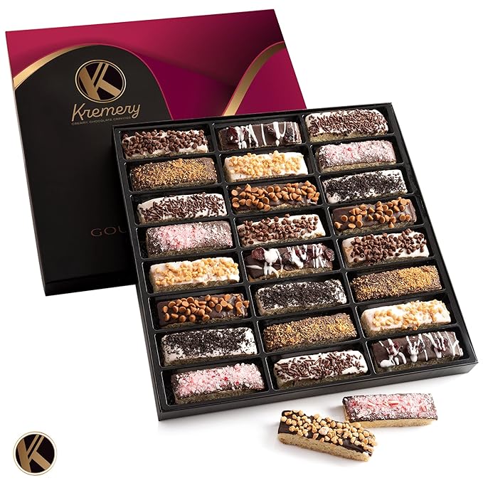 KREMERY Creamy Chocolate Cravings - Halloween Treats For Adults Chocolate Covered Biscotti Cookies Gift Basket, in Elegant Gift Box (24 Biscotties, Assorted Sweet Toppings) Holiday Xmas Christmas