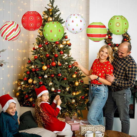 Bencailor 12 Pcs Christmas Hanging Paper Lanterns Set Decorative Christmas Party Lanterns Round Hanging Lamps for Xmas Home Decoration Supplies Props Graduation Holiday Decor(Christmas Tree, 12 Inch)