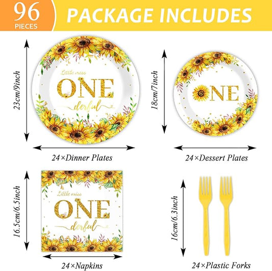 96Pcs Sunflower 1st Birthday Party Supplies Baby Girl Little Miss Paper Plates Napkins Sun Flower Party Decorations First Birthday Dinnerware Favor Tableware Serves 24