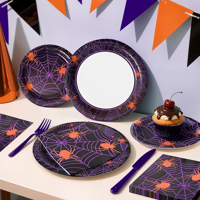 75pcs Spider Party Supplies - Disposable Spider Web Paper Plates & Napkins (25pcs 9" & 7" Plates, 25pcs Napkins) for Birthdays, Halloween, Birthday, and Parties Decoration