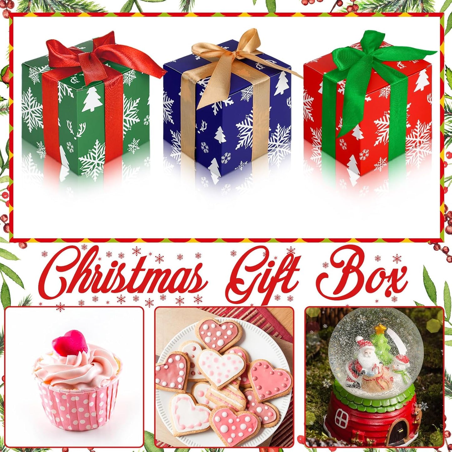 Fulmoon 48 Pcs Christmas Gift Boxes with Lids Small Squared Boxes with Ribbon Bow 4x4x4 Inch Snowflake Christmas Tree Deer Horn Small Gift for Holiday Party