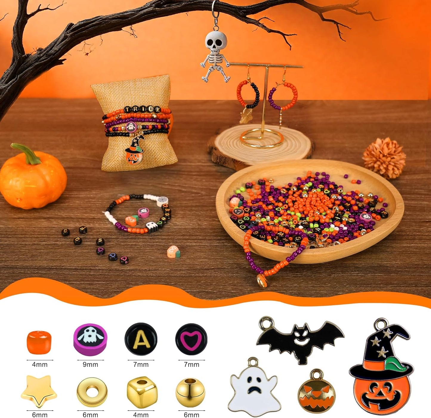 Redtwo Halloween 4mm Glass Seed Beads for Jewelry Bracelet Making Kit, Friendship Bracelet Kit, Letter and Polymer Clay Beads, DIY Art Craft Girls Gifts.