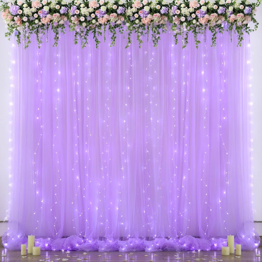 Lavender Sheer Backdrop Curtain with Led Lights for Baby Shower Girls Wedding10ft X 10ft Lavender Tulle Backdrop Curtain for Bridal Shower Birthday Party Photoshoot Arch Background Decorations