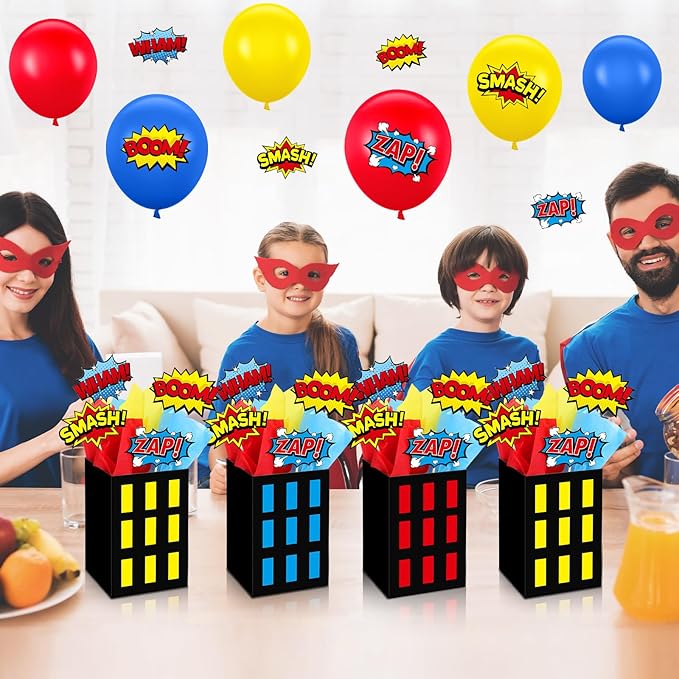 4 Sets Hero Theme Party Decoration Hero Boxes Centerpiece (7.9 x 5.1 x 5.1 Inch) Sticks with Tissue Paper Standing Cards Birthday Baby Shower Party Supplies (Red,Yellow,Blue)
