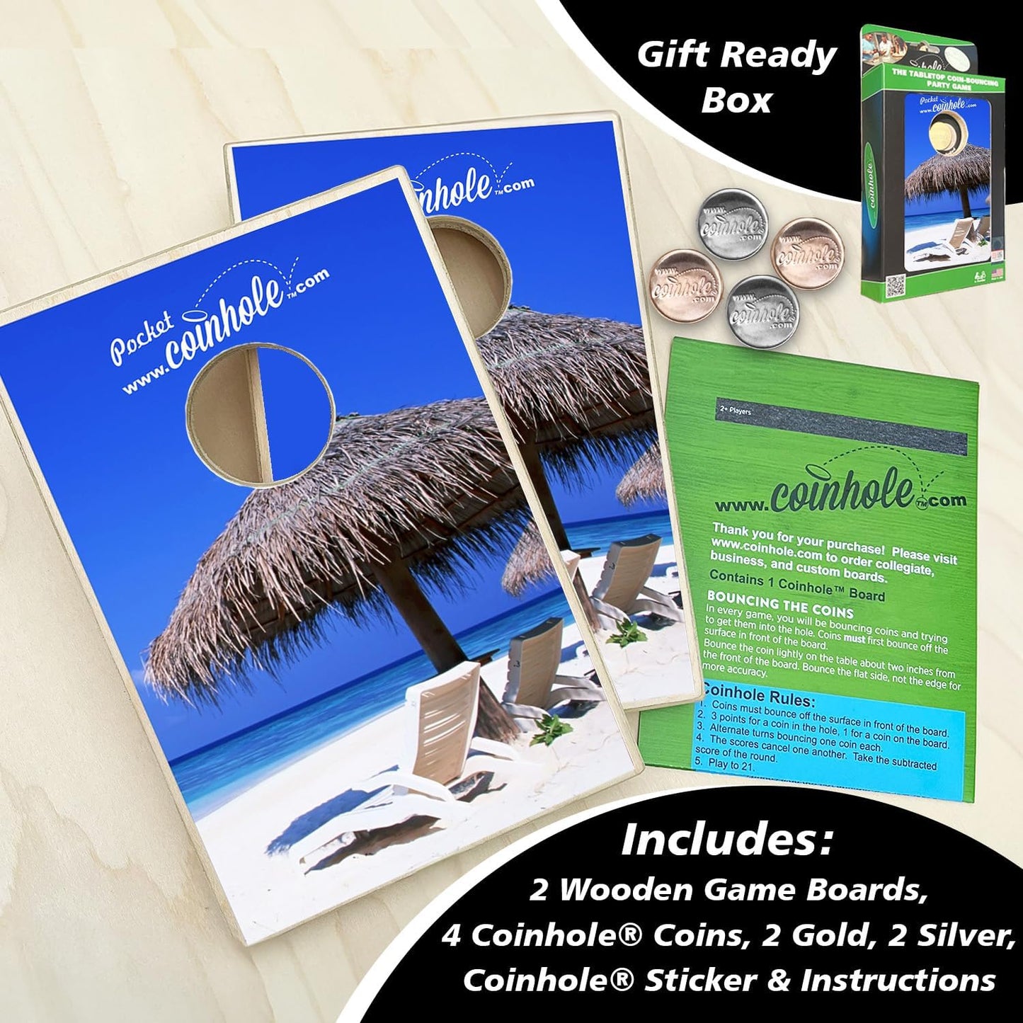 Coinhole Desktop Coin Bouncing Party Game Set | Tabletop Cornhole Board Game | Small Cornhole Travel Game Includes Coins