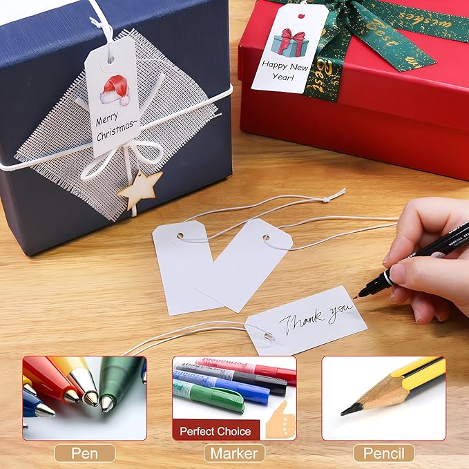 Coideal 200 Pcs Small Blank Marking Strung Tags - Writable Display Label Hang Tags with Elastic String (2 3/4" x 1 3/8")