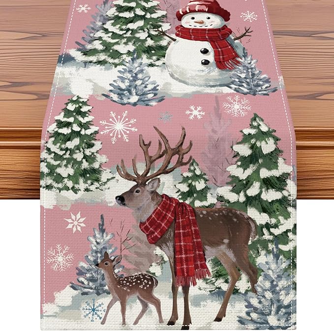 Artscope Reindeer Snowman Christmas Tree Table Runner, Xmas Winter Snowflakes Holiday Kitchen Dining Table Decoration for Christmas Home Party Decor 13x36 Inch-Pink