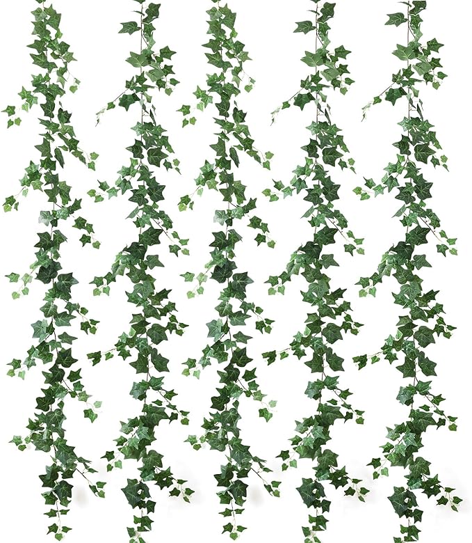 mizii 5 Pack 395" Artificial Vines Ivy Garland Fake Vine Realistic Silk Green Leaves Faux Hanging Plants Greenery Decoration for Outdoors Wedding Arch Party Indoor Mantle Bedroom Home Decor